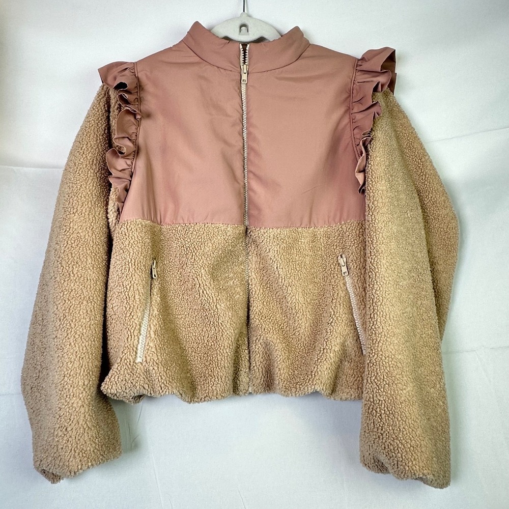 Anthropologie dRA Los Angeles Sherpa Fleece‎ Ruffle Bomber Jacket Mauve Chic
